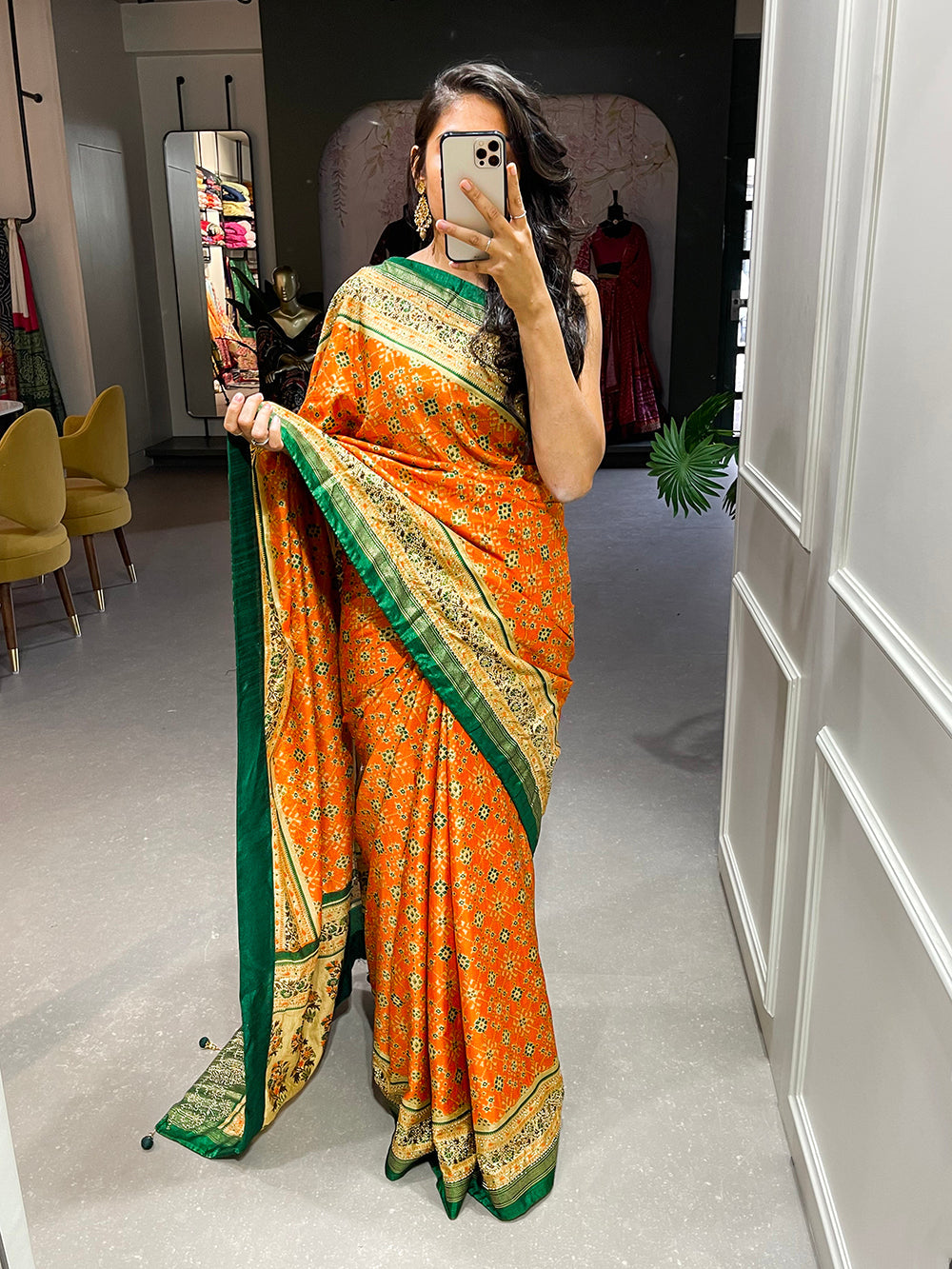 Orange Color Foil Printed And Stone Work Dola Silk Saree Clothsvilla