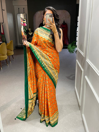 Orange Color Foil Printed And Stone Work Dola Silk Saree Clothsvilla