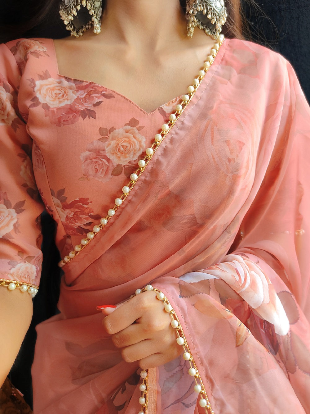 Orange Color Printed With Pearl Lace Border Georgette Saree Clothsvilla Main image