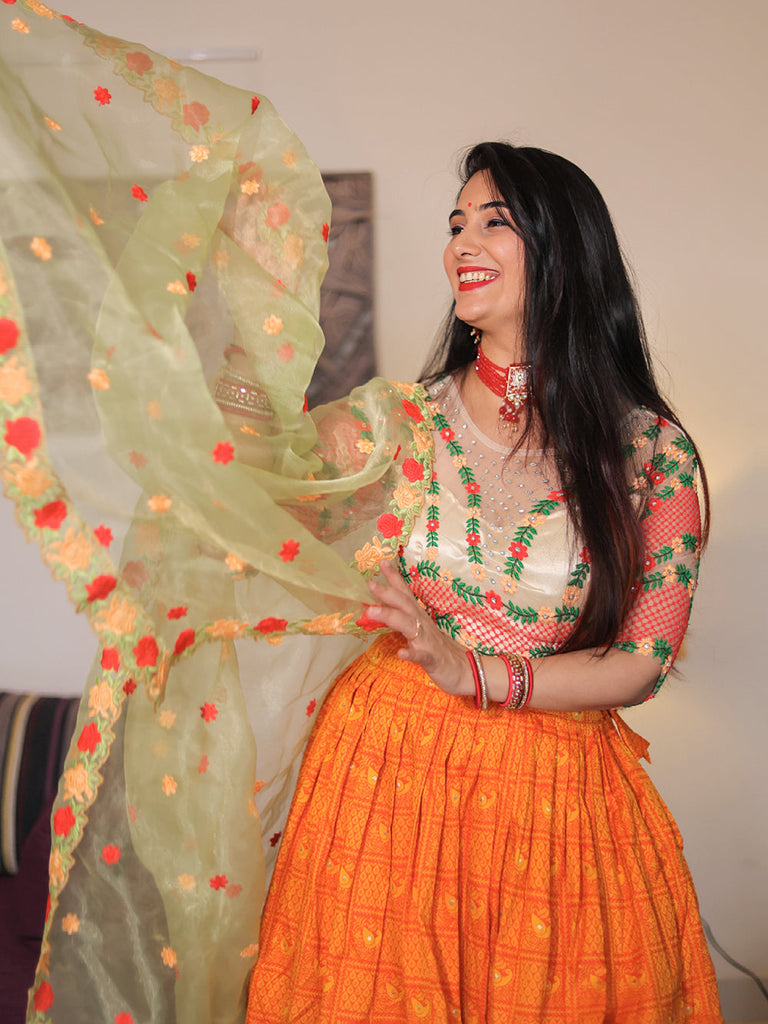 Orange Color Zari weaving Work Jacquard Paithani Lehenga Choli Clothsvilla