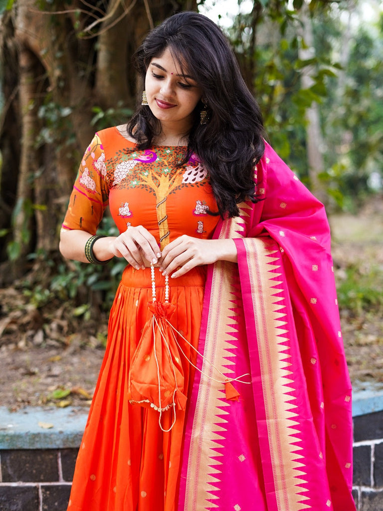 Orange Color Weaving Zari Work Silk Paithani Lehenga Choli Clothsvilla