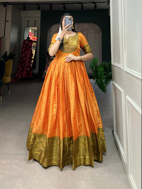 Orange Color Zari Weaving Work Kanjivaram Festival Dress Clothsvilla Main image