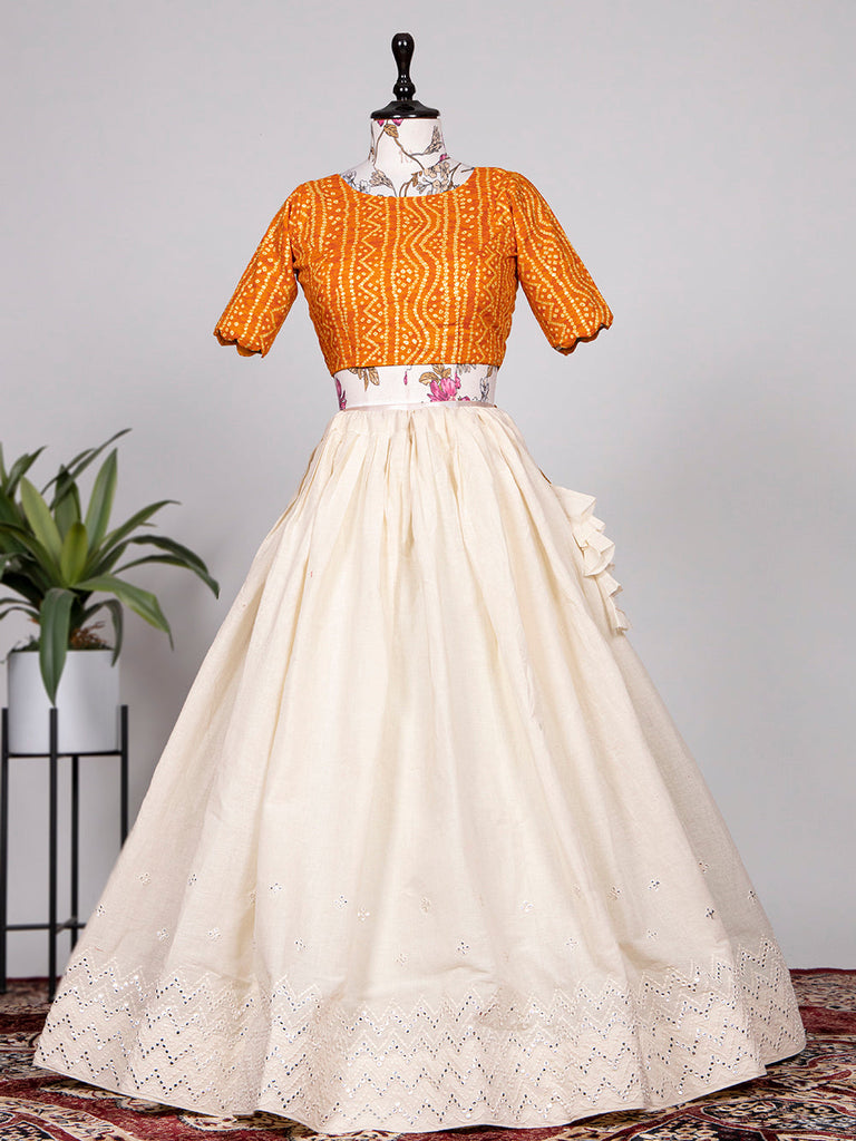 Off White Color Paper Mirror & Thread Work Pure Cotton Co-ord Set Lehenga Clothsvilla