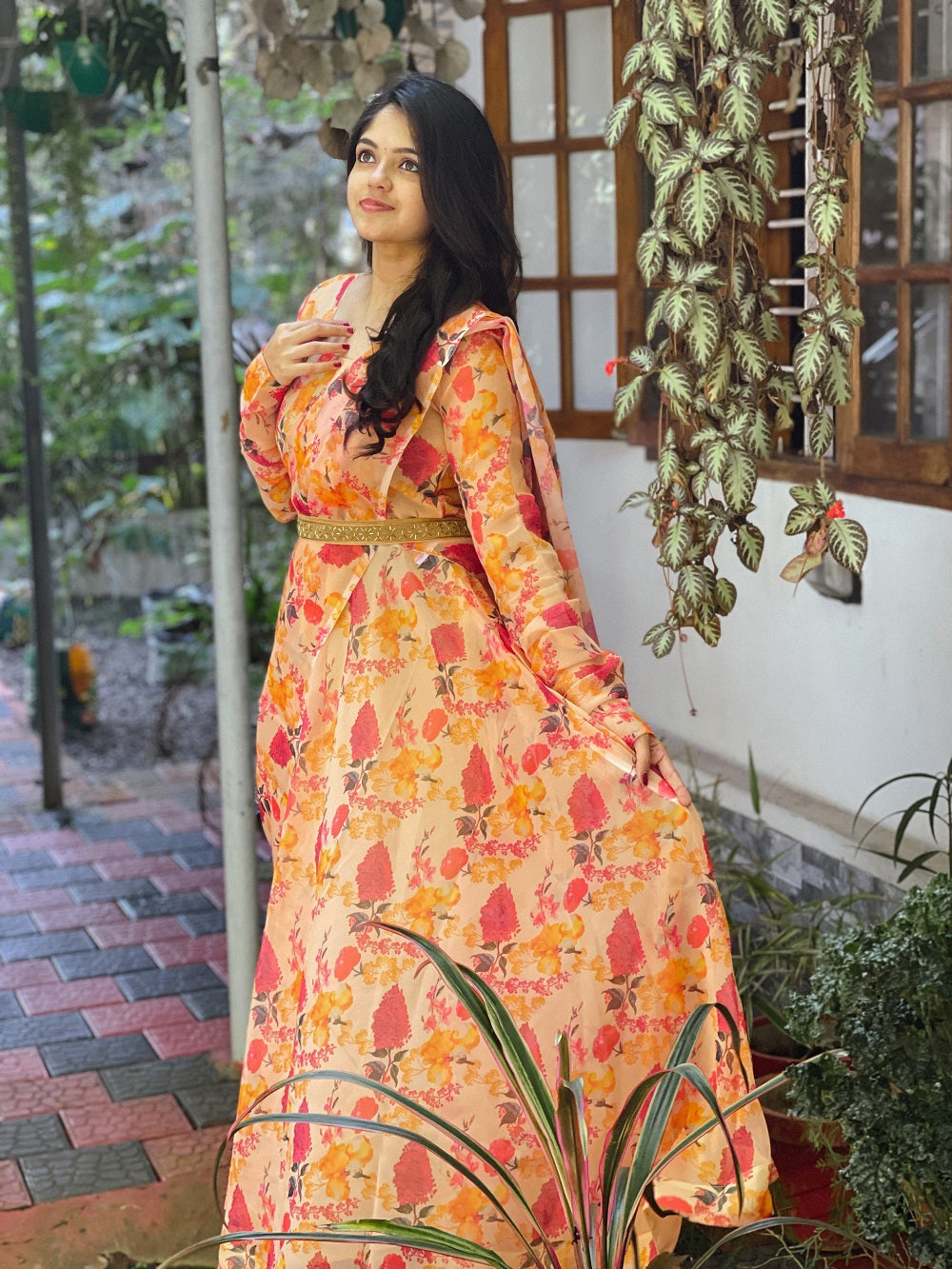 Orange Color Printed Georgette Gown Clothsvilla