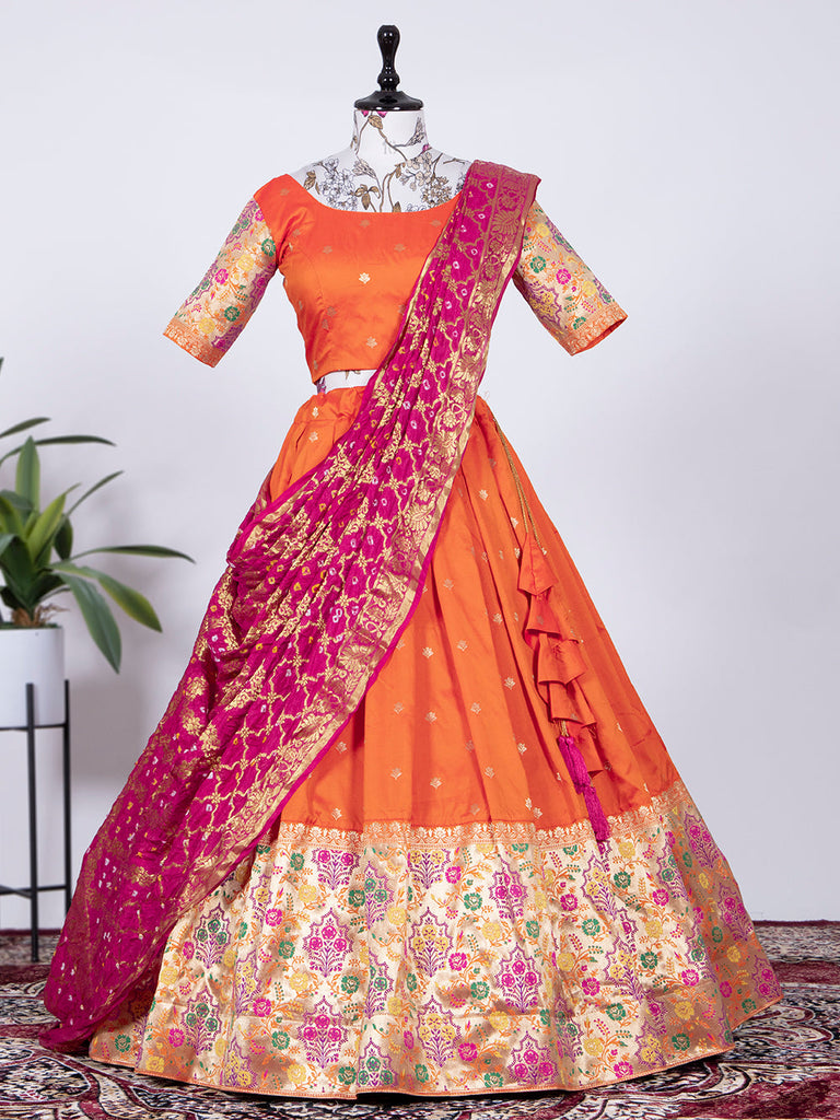 orange color weaving zari work jacquard paithani lehenga choli with bandhej dupatta in women lehenga by looknbook