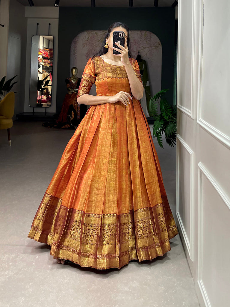 Orange Color Zari Weaving Work Kanjivaram Dress Clothsvilla
