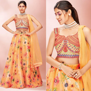 Orange Embellished With Printed Organza Lehenga Choli Clothsvilla