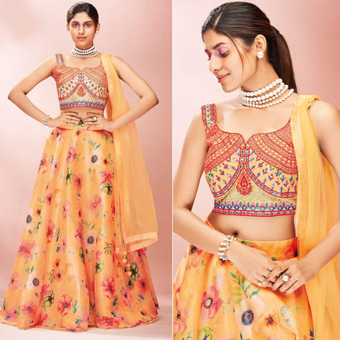 Orange Embellished With Printed Organza Lehenga Choli Clothsvilla Main image