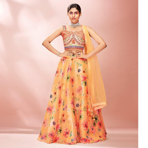 Orange Embellished With Printed Organza Lehenga Choli Clothsvilla