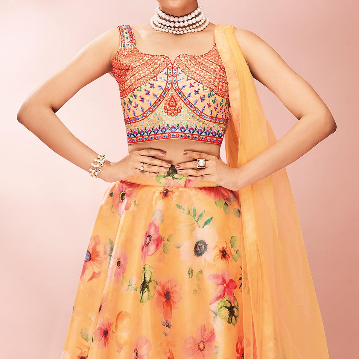 Orange Embellished With Printed Organza Lehenga Choli Clothsvilla