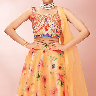 Orange Embellished With Printed Organza Lehenga Choli Clothsvilla