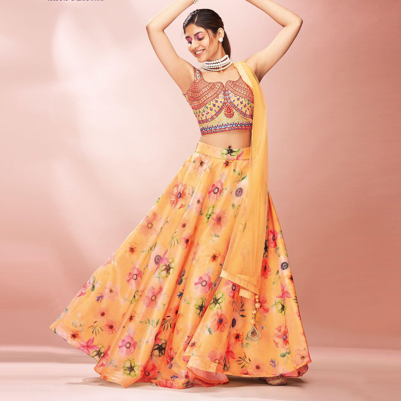 Orange Embellished With Printed Organza Lehenga Choli Clothsvilla