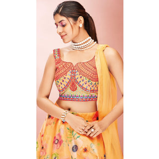Orange Embellished With Printed Organza Lehenga Choli Clothsvilla