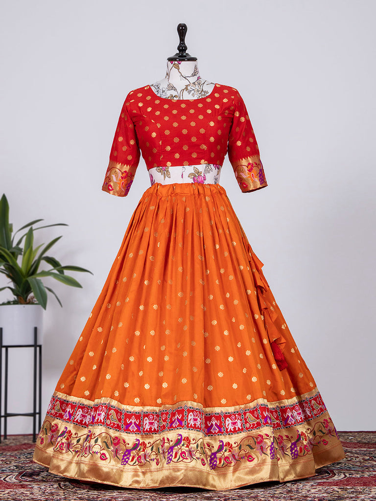 Orange Color Weaving Zari Work Jacquard Paithani Lehenga Cho