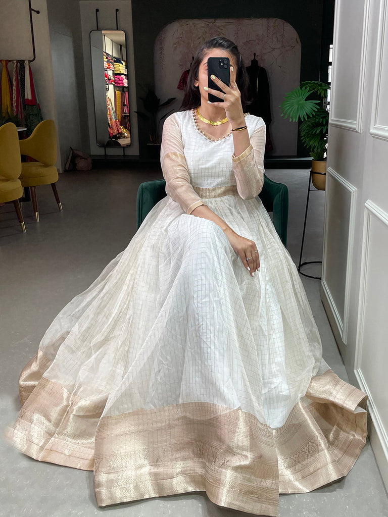 White Color Zari Weaving Work Organza Chex Gown Clothsvilla