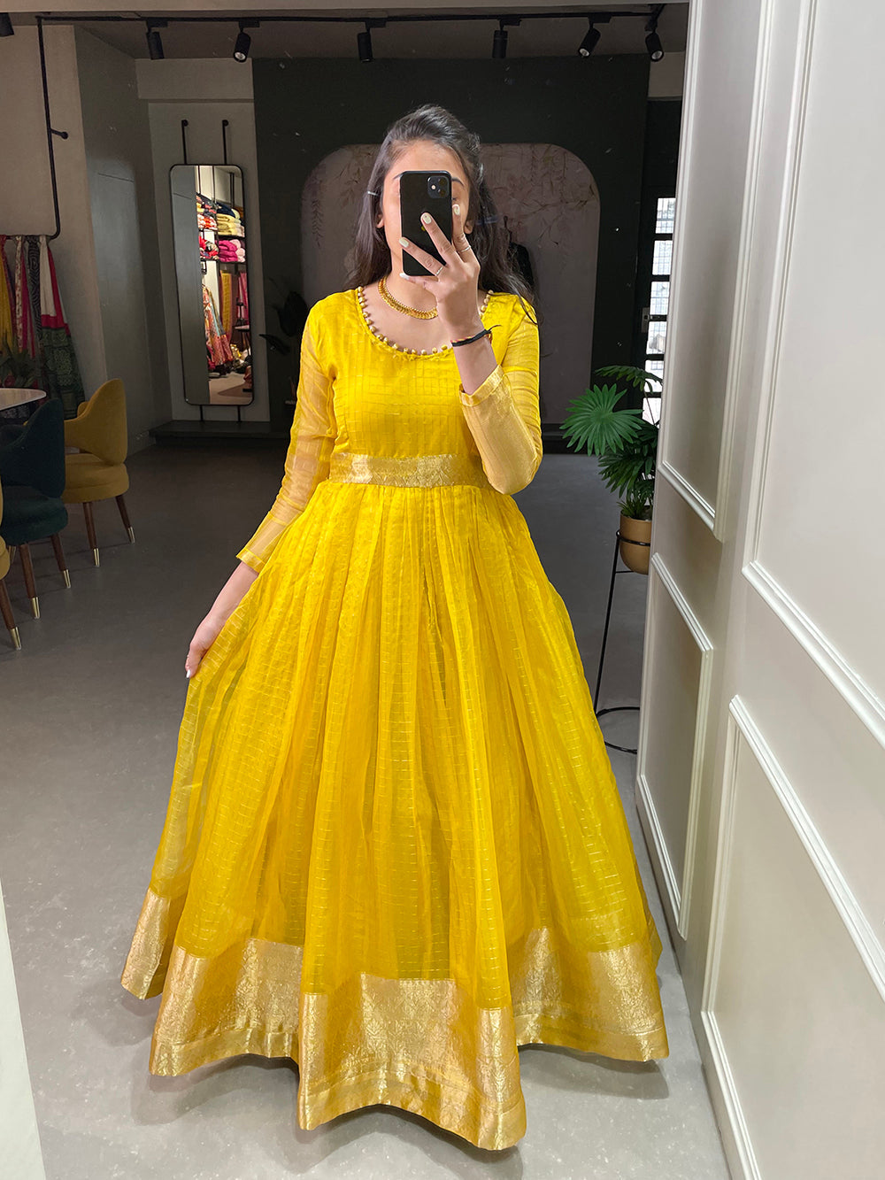 Yellow Color Zari Weaving Work Organza Chex Gown Clothsvilla Main image