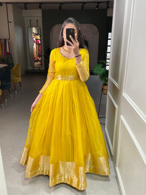 Yellow Color Zari Weaving Work Organza Chex Gown Clothsvilla Main image