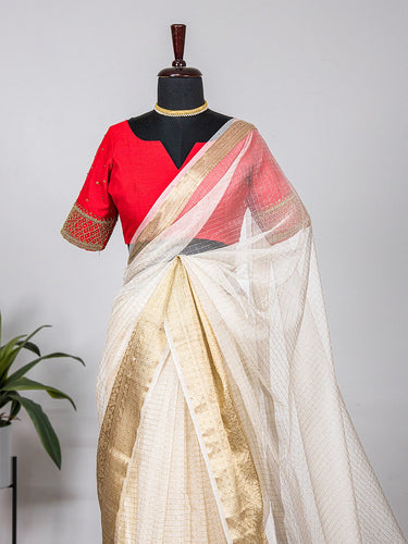 White Color Weaving Zari Work Organza Chex saree Clothsvilla