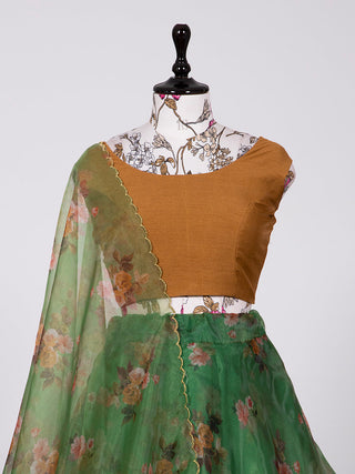 Green Color Digital Floral Print Organza Lehenga Choli Clothsvilla