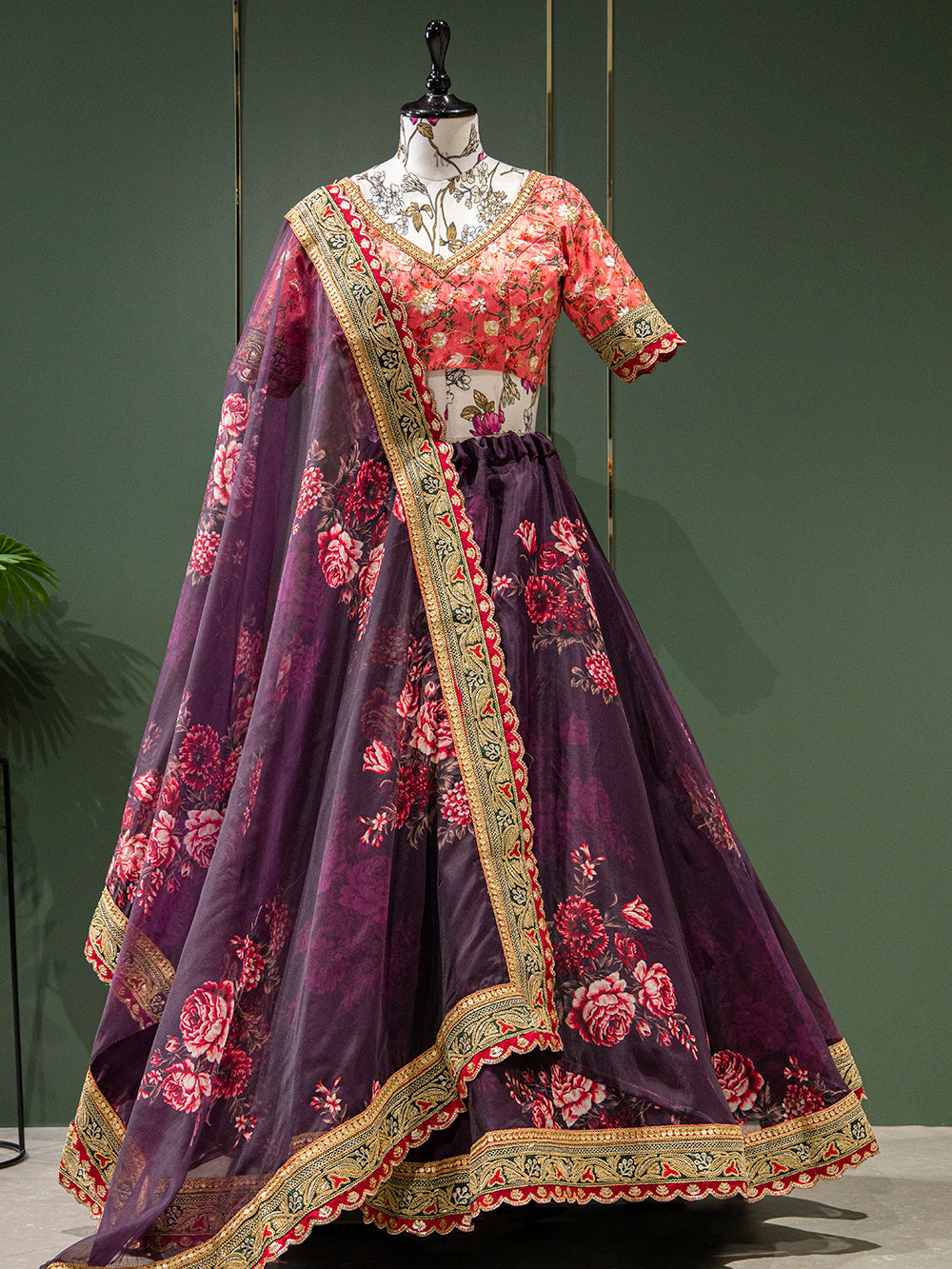 Wine Color Floral Printed Organza Lehenga Choli Clothsvilla