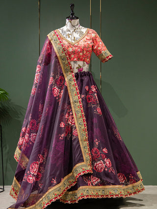 Wine Color Floral Printed Organza Lehenga Choli Clothsvilla