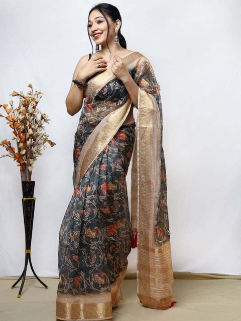 Organza Kalamkari Printed with Sequins Jacquard Woven Saree Bottle Green Clothsvilla Main image