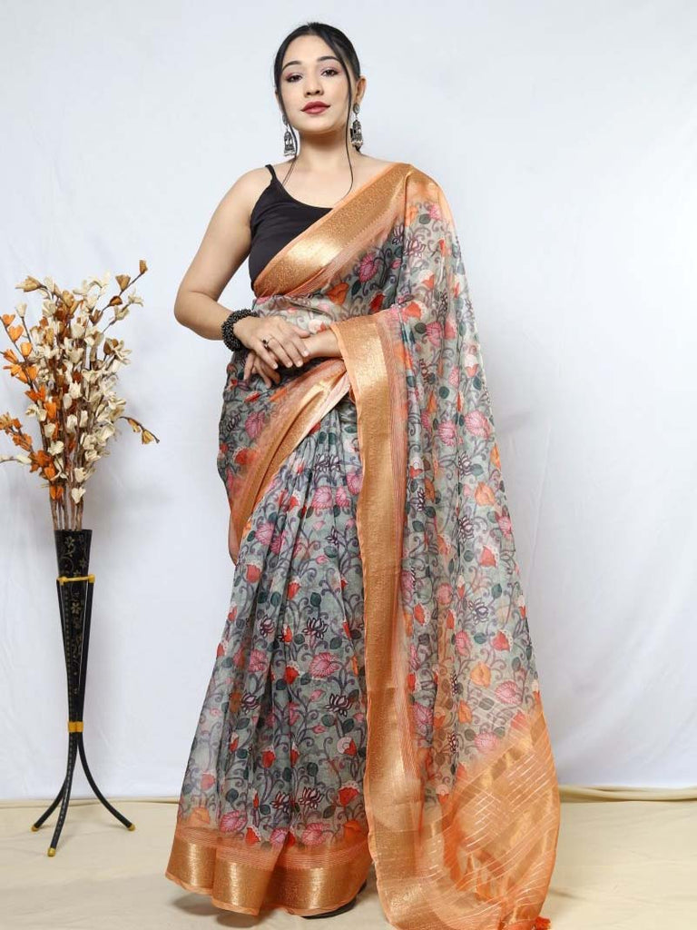 Organza Kalamkari Printed with Sequins Jacquard Woven Saree Clothsvilla