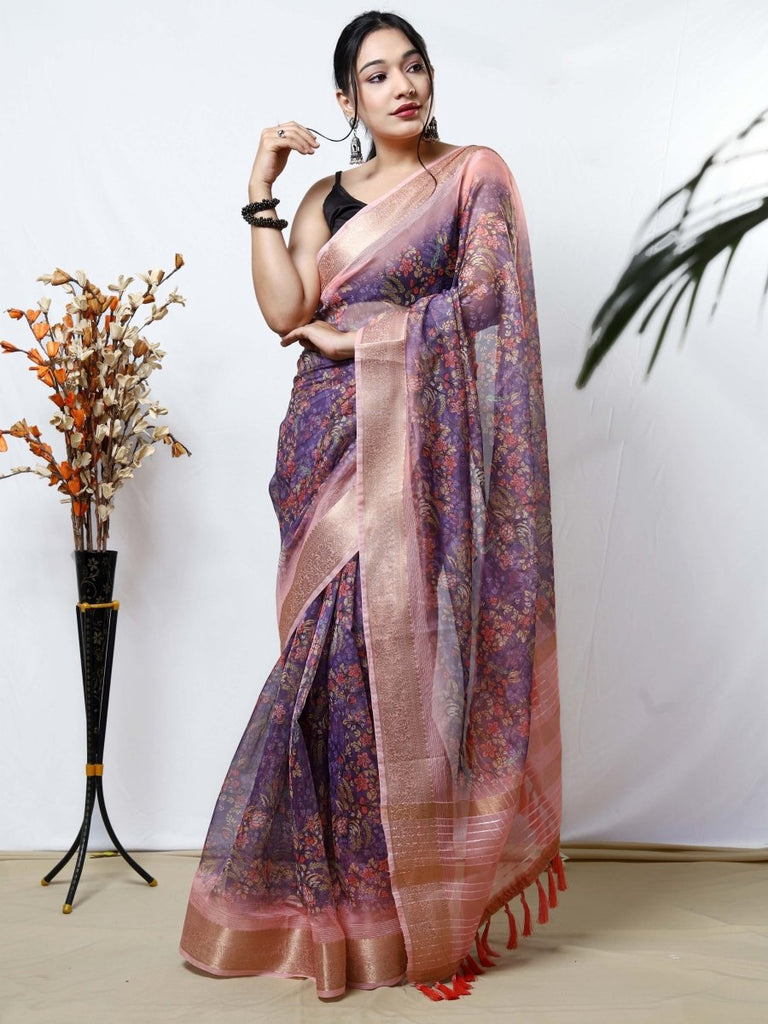 Organza Kalamkari Printed with Sequins Jacquard Woven Saree Lavender Clothsvilla