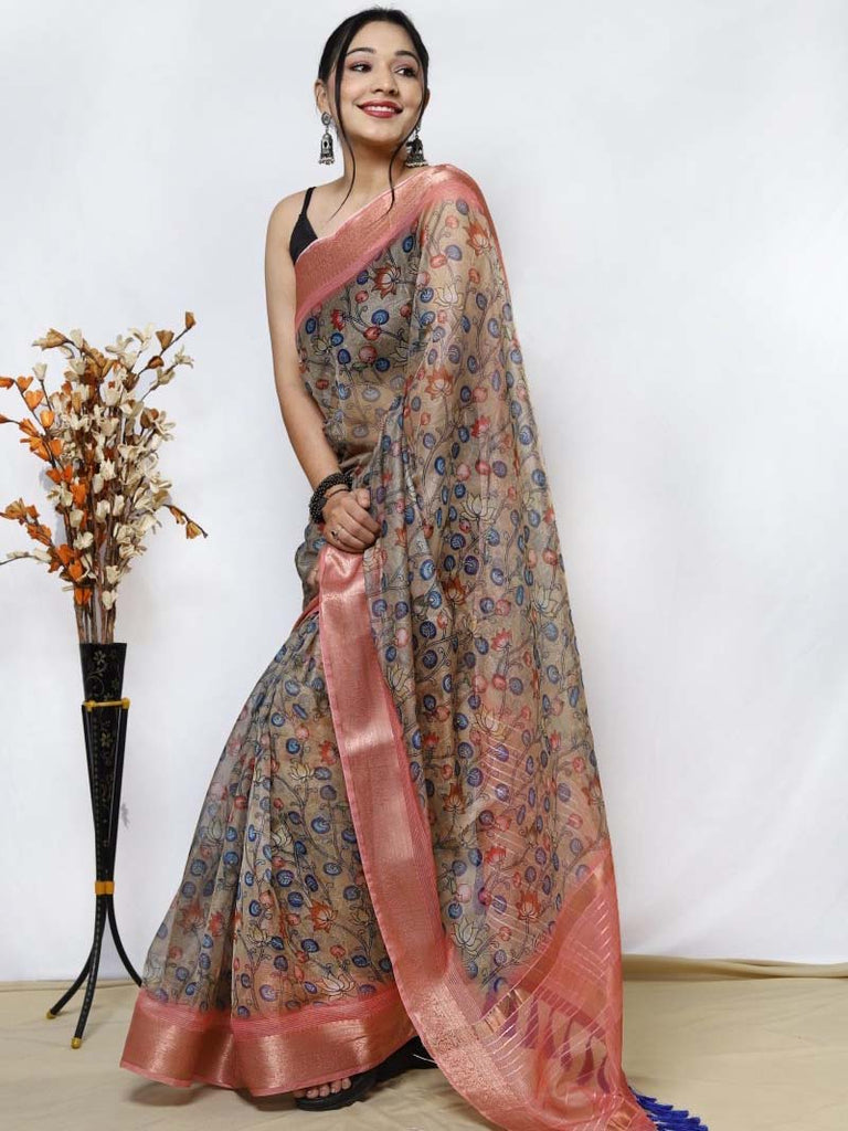 Organza Kalamkari Printed with Sequins Jacquard Woven Saree Mehendi Clothsvilla