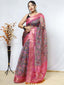 Organza Kalamkari Printed with Sequins Jacquard Woven Saree Pink Clothsvilla