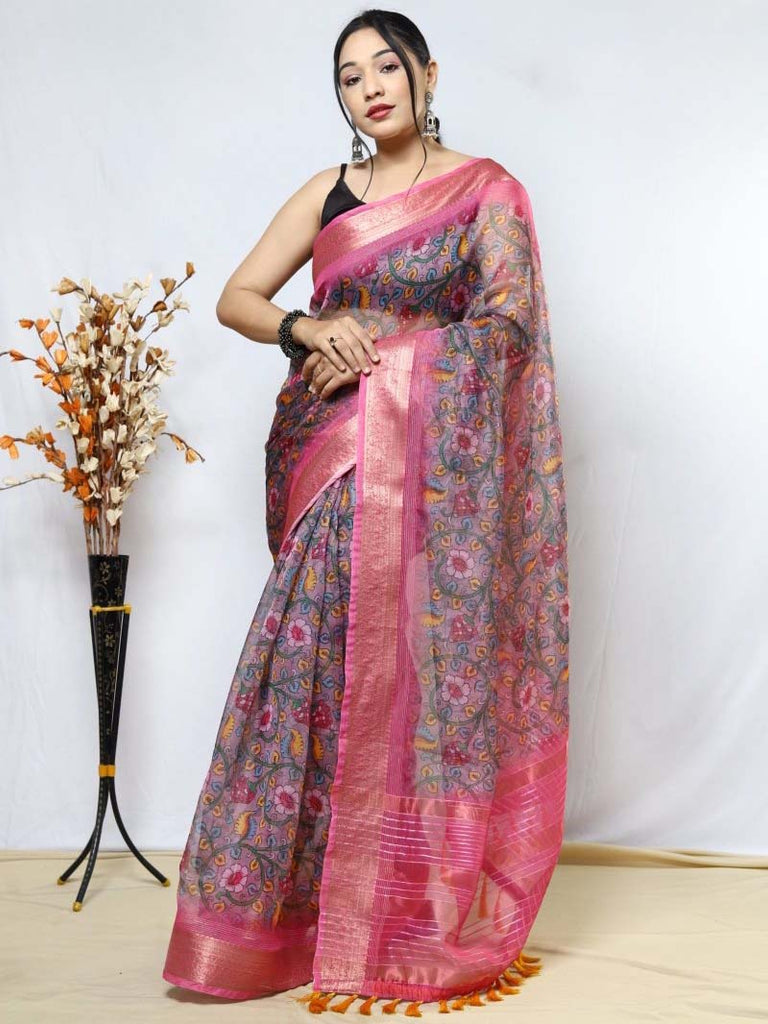 Organza Kalamkari Printed with Sequins Jacquard Woven Saree Pink Clothsvilla