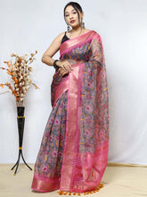 Load image into Gallery viewer, Organza Kalamkari Printed with Sequins Jacquard Woven Saree Pink Clothsvilla