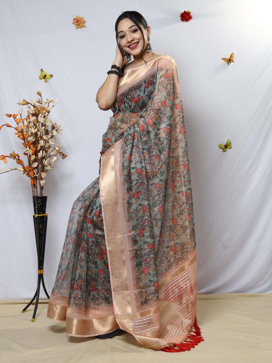 Organza Kalamkari Printed with Sequins Jacquard Woven Saree Pista Clothsvilla