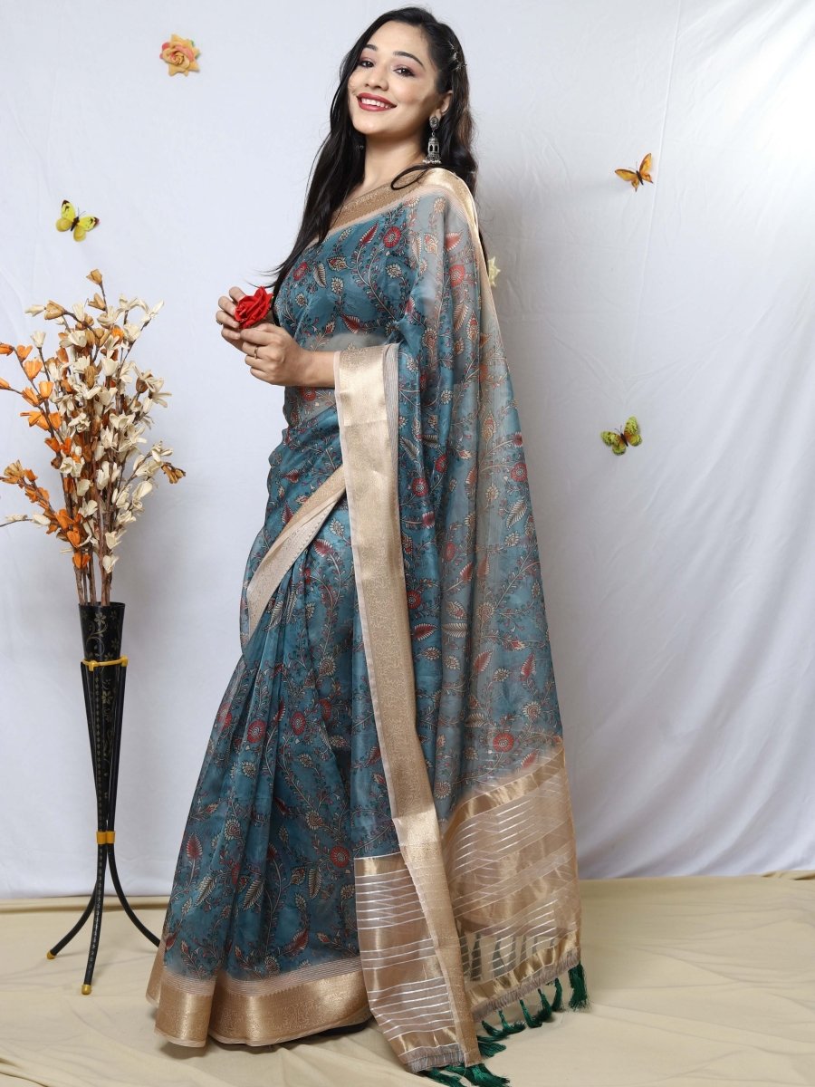 Organza Kalamkari Printed with Sequins Jacquard Woven Saree Rama Clothsvilla