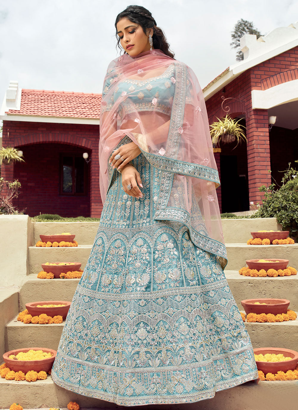 Embroidered Turquoise Organza Lehenga Choli Clothsvilla