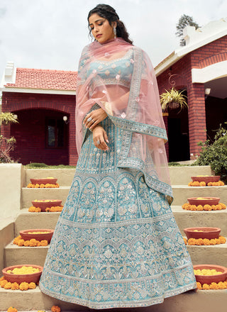 Embroidered Turquoise Organza Lehenga Choli Clothsvilla
