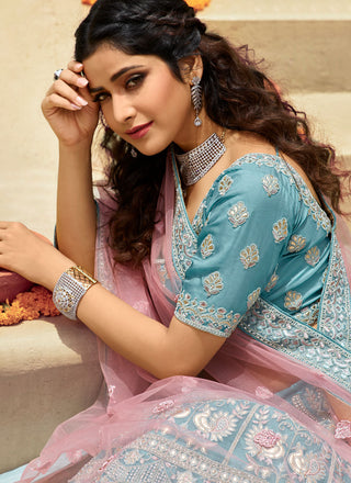 Embroidered Turquoise Organza Lehenga Choli Clothsvilla