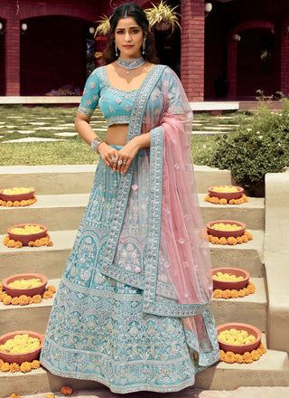Embroidered Turquoise Organza Lehenga Choli Clothsvilla