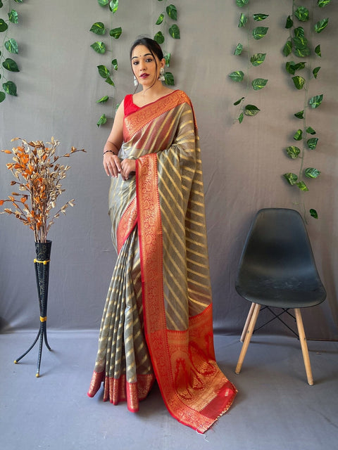 Organza Leheriya Contrast Woven Saree Grey Clothsvilla Main image