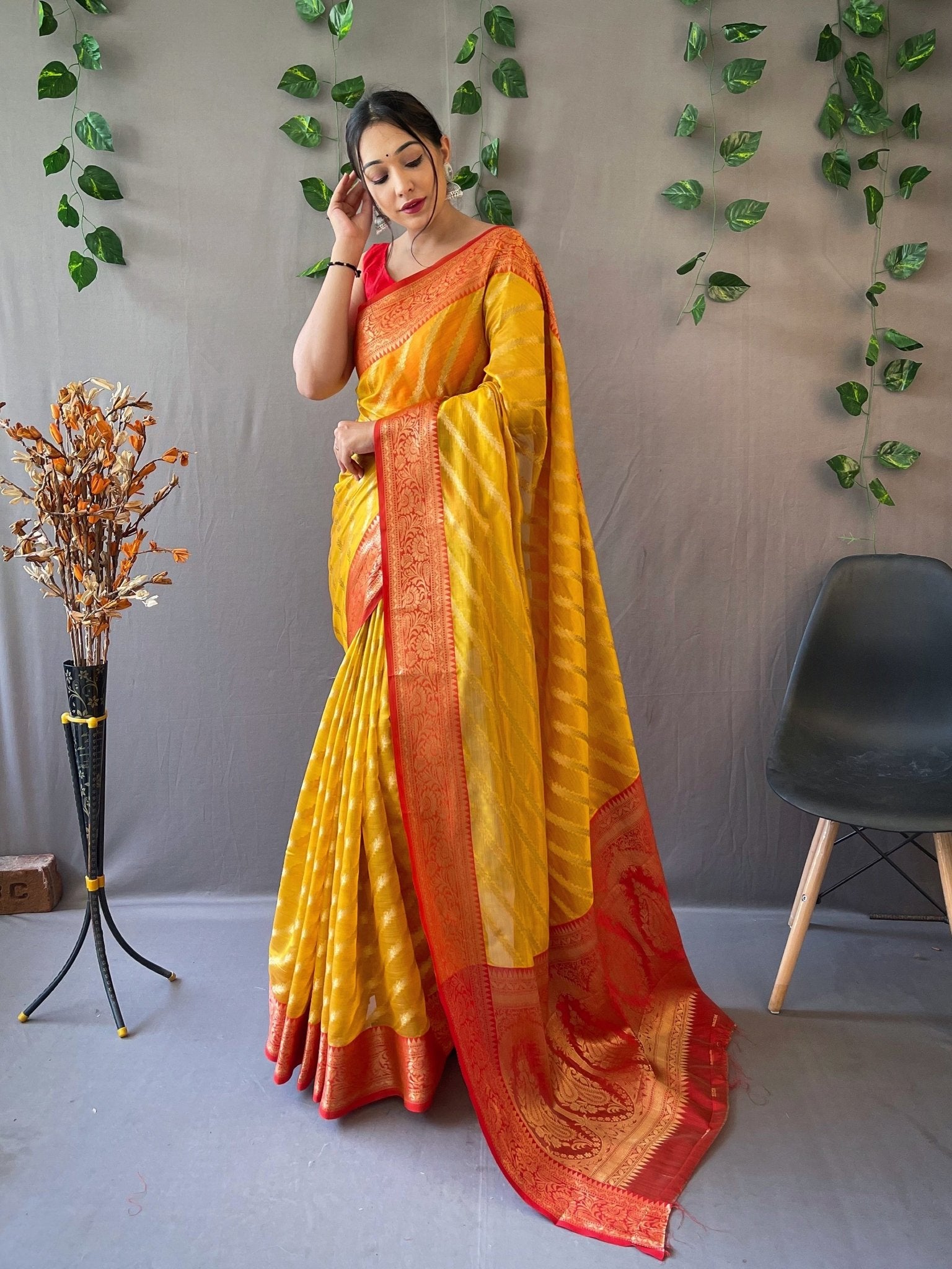 Orange Yellow Saree in Organza Leheriya - Clothsvilla