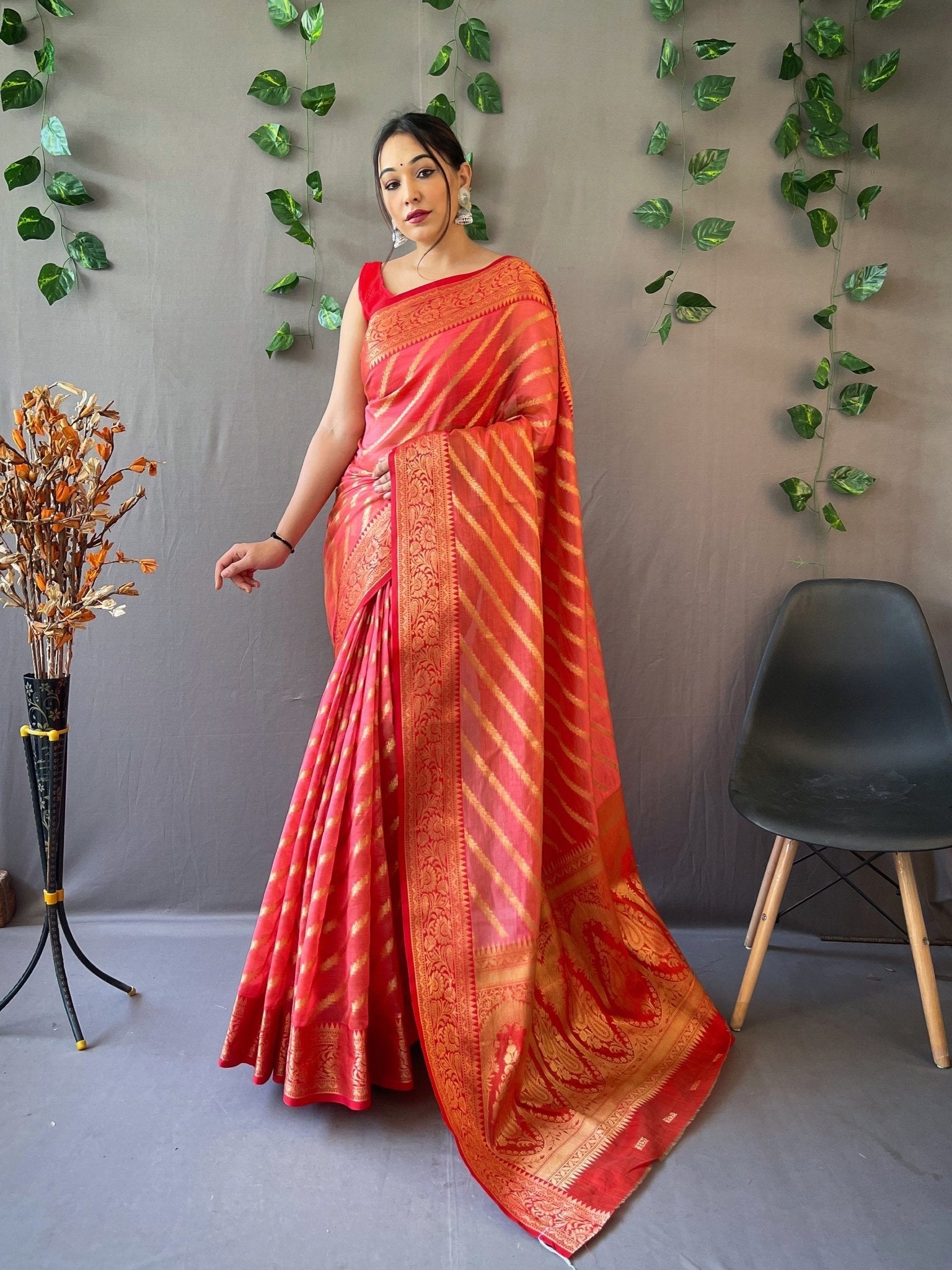 Organza Leheriya Contrast Woven Saree Dark Peach Clothsvilla