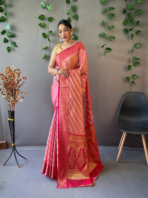 Organza Leheriya Contrast Woven Saree Rosy Pink Clothsvilla Main image