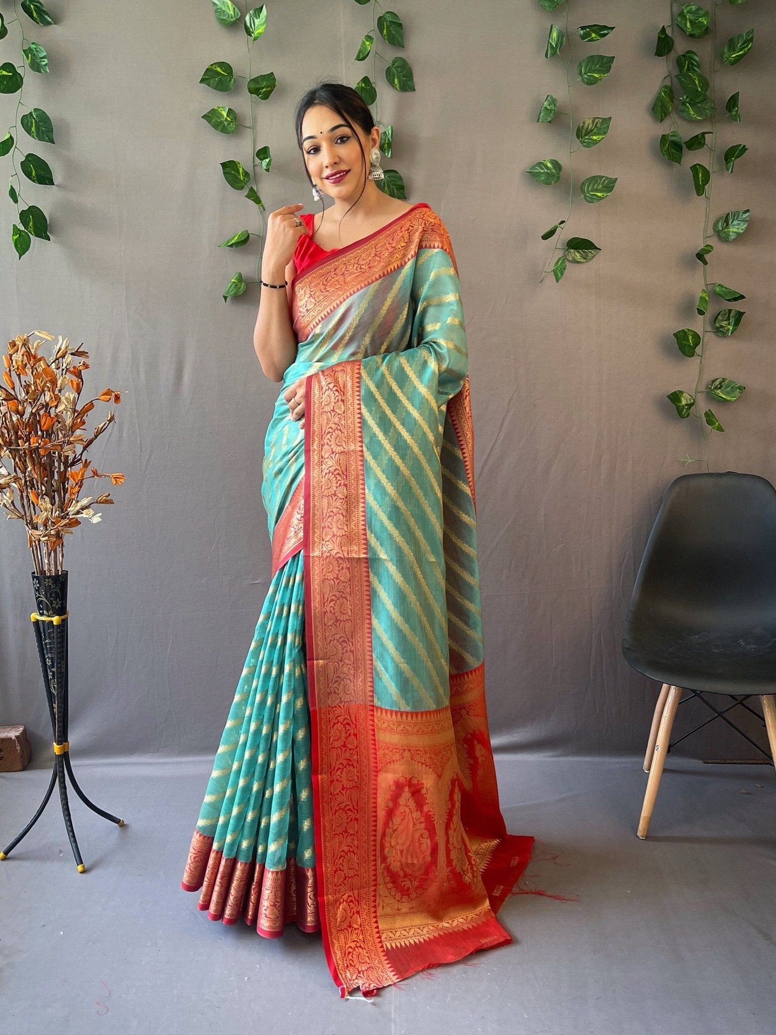 Organza Leheriya Contrast Woven Saree Light Sea Green Clothsvilla