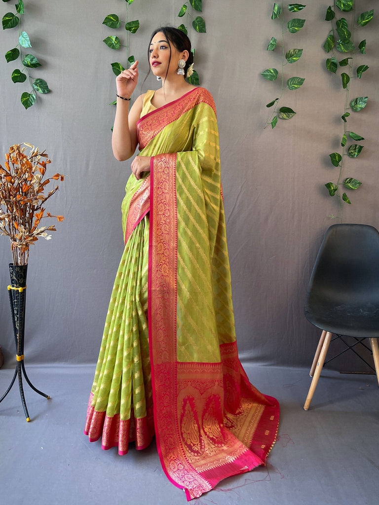 Organza Leheriya Contrast Woven Saree Paroot Green Clothsvilla