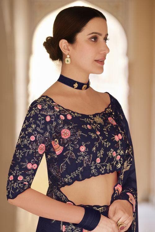 French Navy Blue Organza Designer Saree Clothsvilla