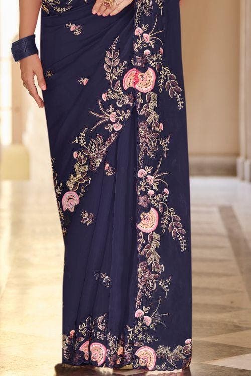 French Navy Blue Organza Designer Saree Clothsvilla