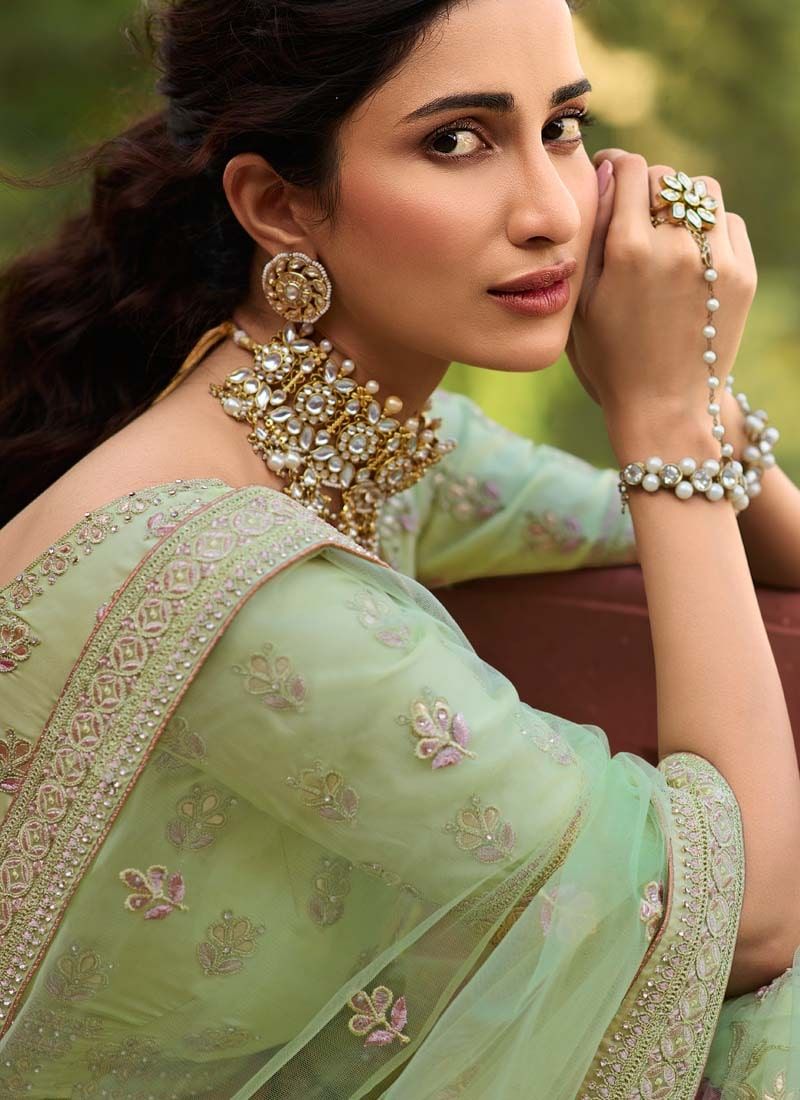 Organza Stone And Dori Work Lehenga Choli in Pista Green Clothsvilla