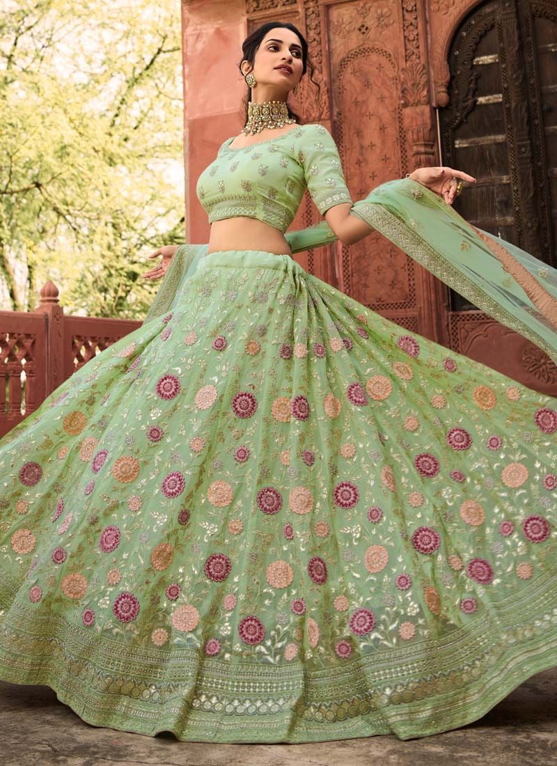 Organza Stone And Dori Work Lehenga Choli in Pista Green Clothsvilla