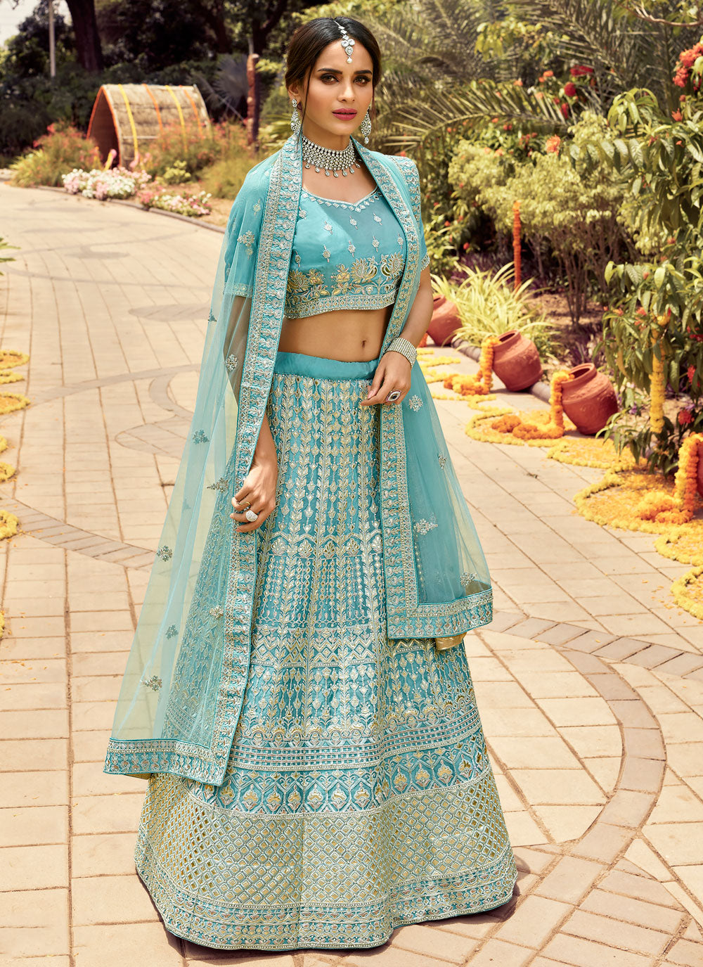 Turquoise Embroidered Organza Semi Stitched Lehenga