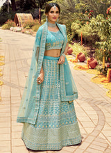 Load image into Gallery viewer, Turquoise Embroidered Organza Semi Stitched Lehenga